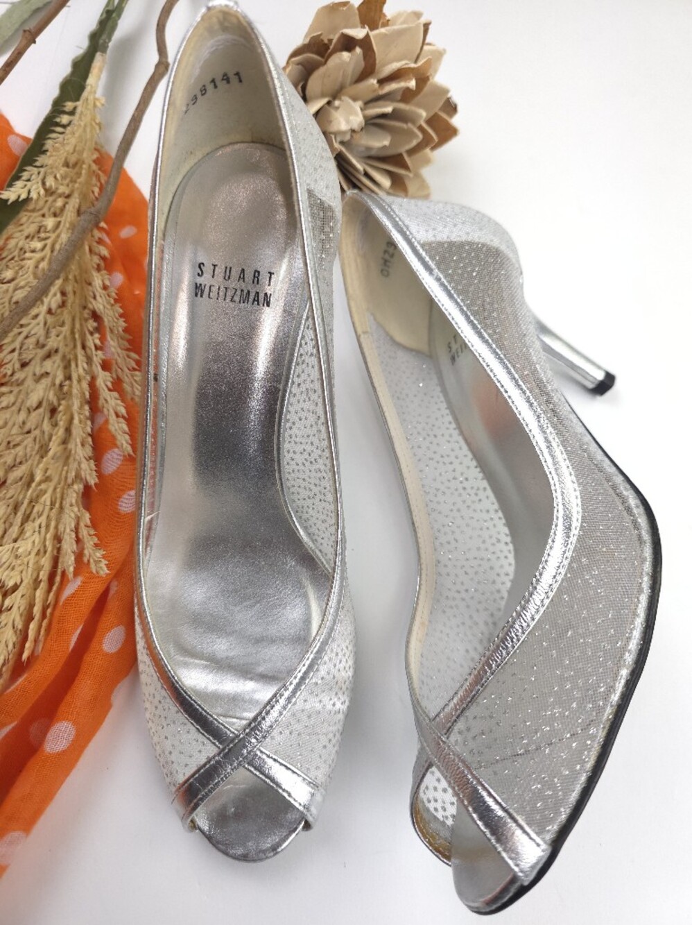 Stuart Weitzman Metallic Silver Peep-Toe Stilettos Sz 6½
